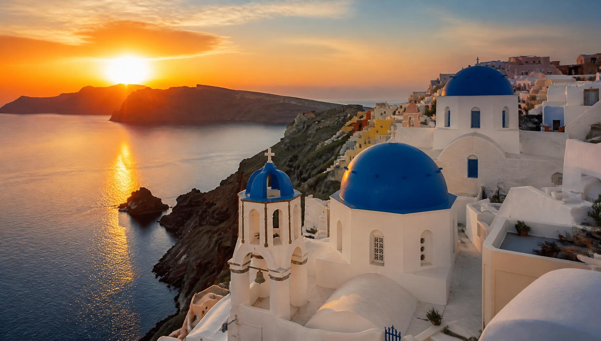 Pôr do sol em Santorini com cúpulas azuis